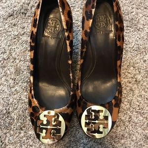 Tory Burch calf hair leopard wedges